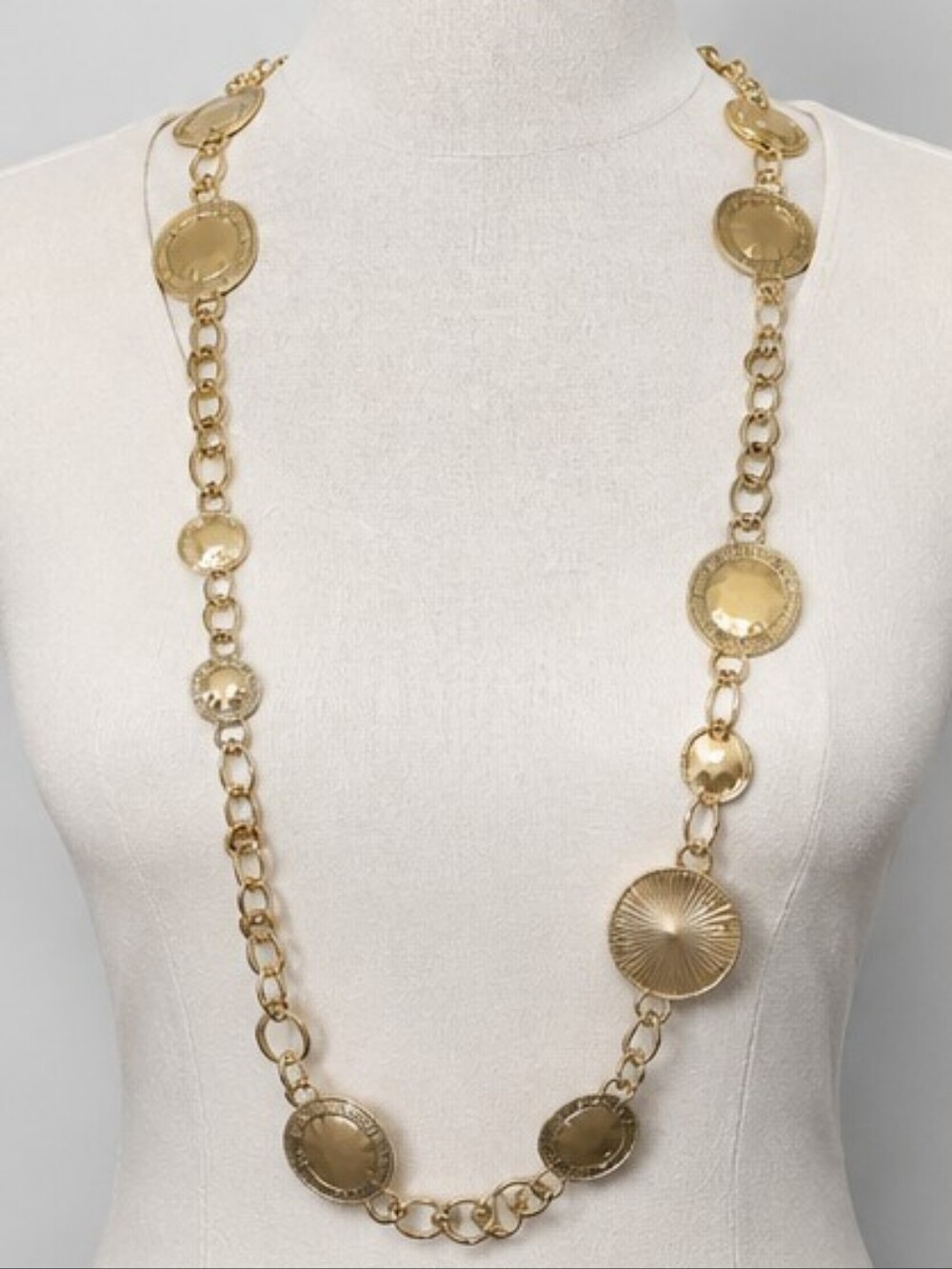 Chico's Long Gold Tone Hammered Station Necklace 33" Statement Layering Necklace - Picture 3 of 6